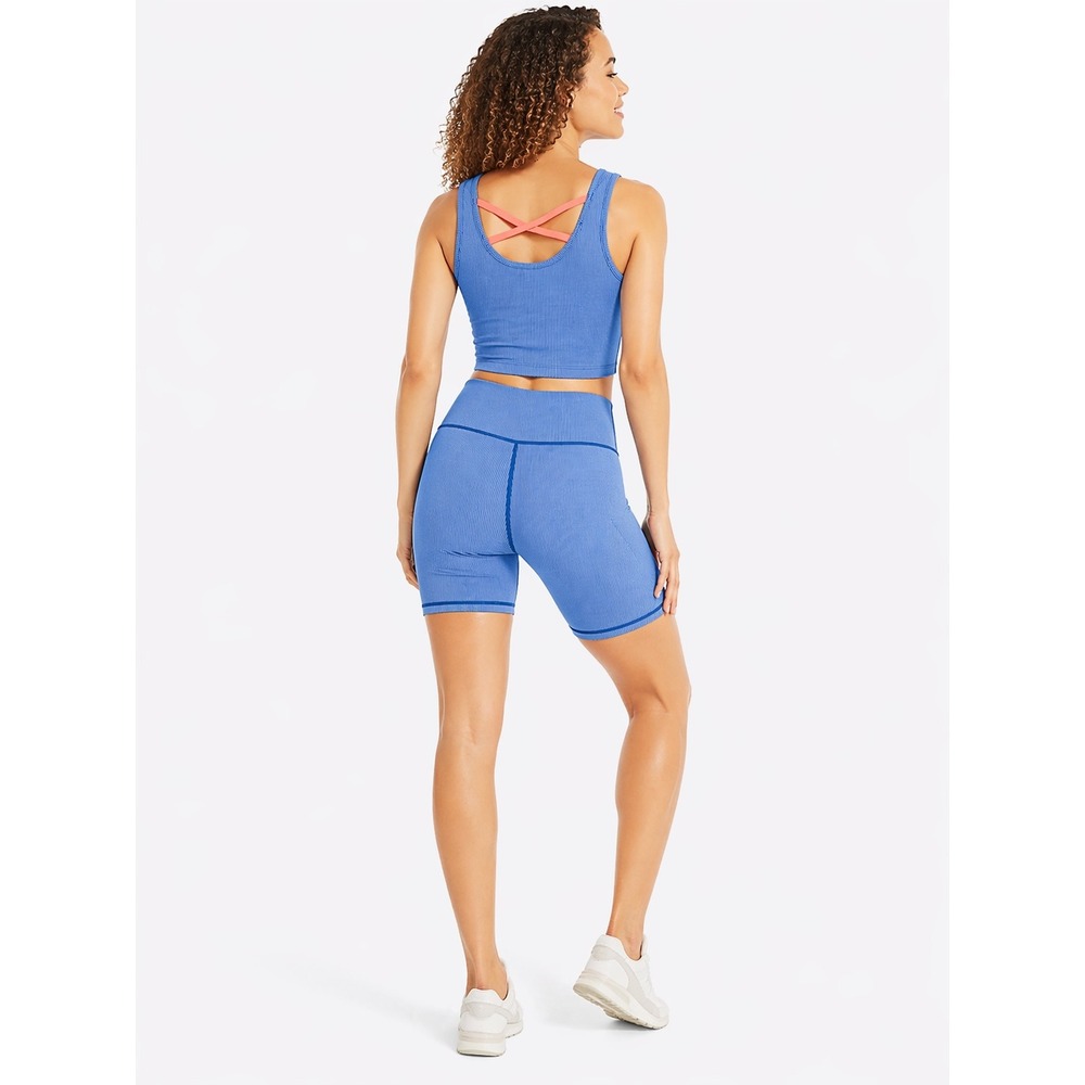 Nautica Blue Ribbed Biker Short Set Crop‎ Top Athleisure Gym Pilates Size M NWT